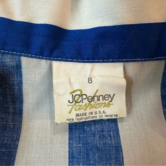 JCPenney Fashions Vintage 70’s Blue & White Striped Short Sleeve Cabana Shirt - Picture 3 of 5